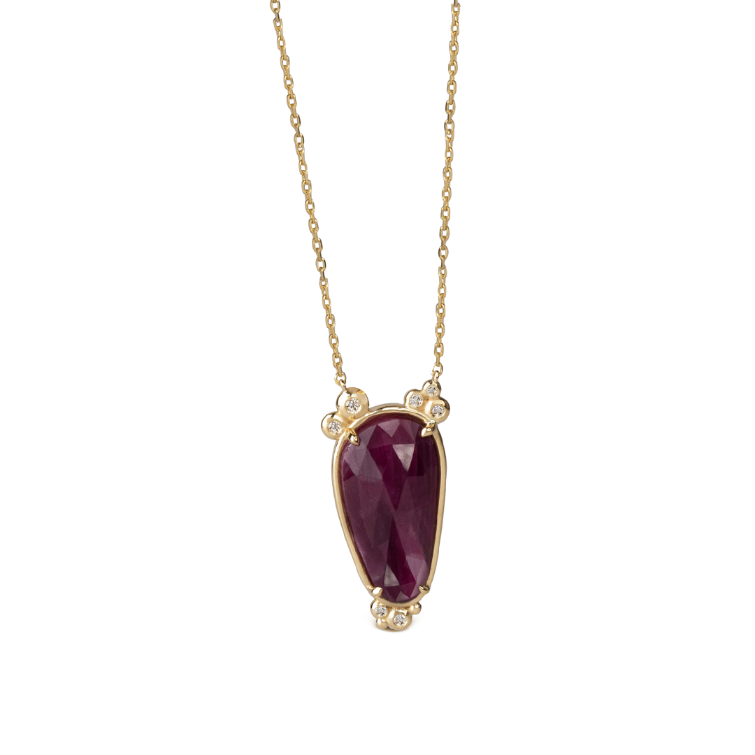 14K Gold Slender Drop Ruby Necklace  with 7 diamonds