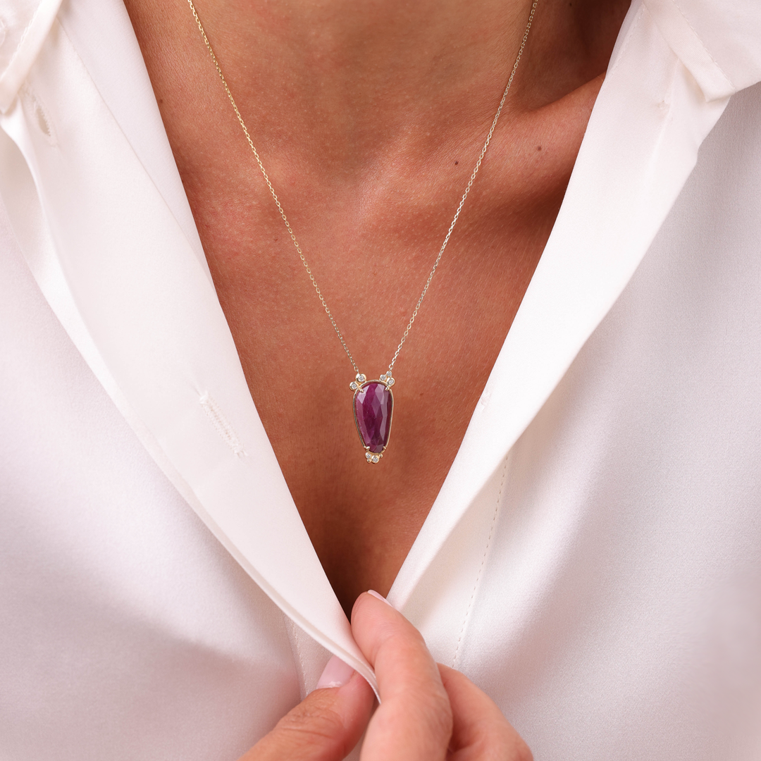 14K Gold Slender Drop Ruby Necklace  with 7 diamonds