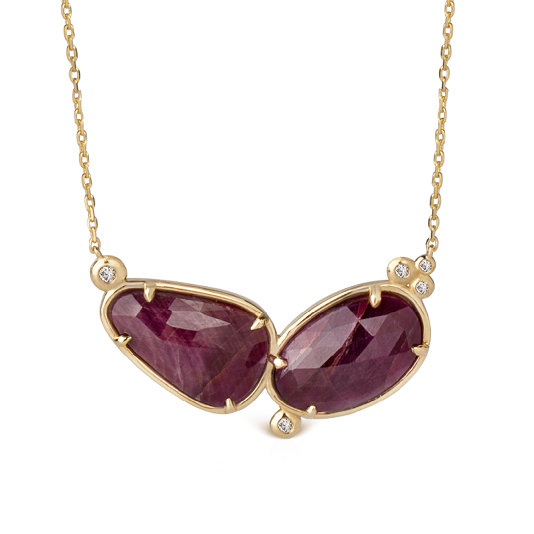 14K Gold Double Ruby Necklace  with 5 diamonds