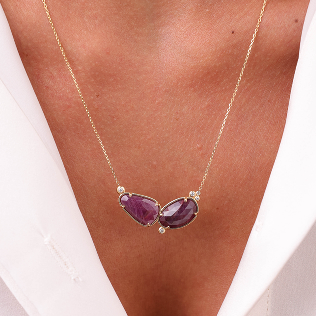 14K Gold Double Ruby Necklace  with 5 diamonds