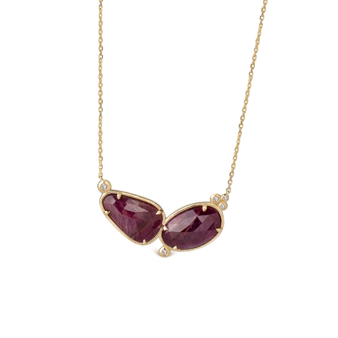 14K Gold Double Ruby Necklace  with 5 diamonds