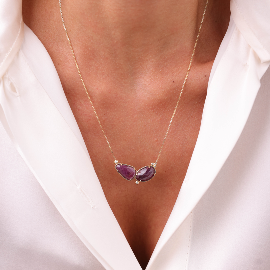 14K Gold Double Ruby Necklace  with 5 diamonds