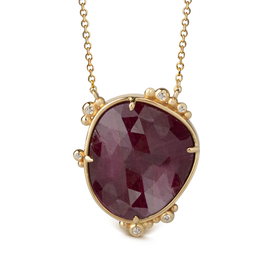 14K Gold Irregular Ruby Necklace  with 6 diamonds