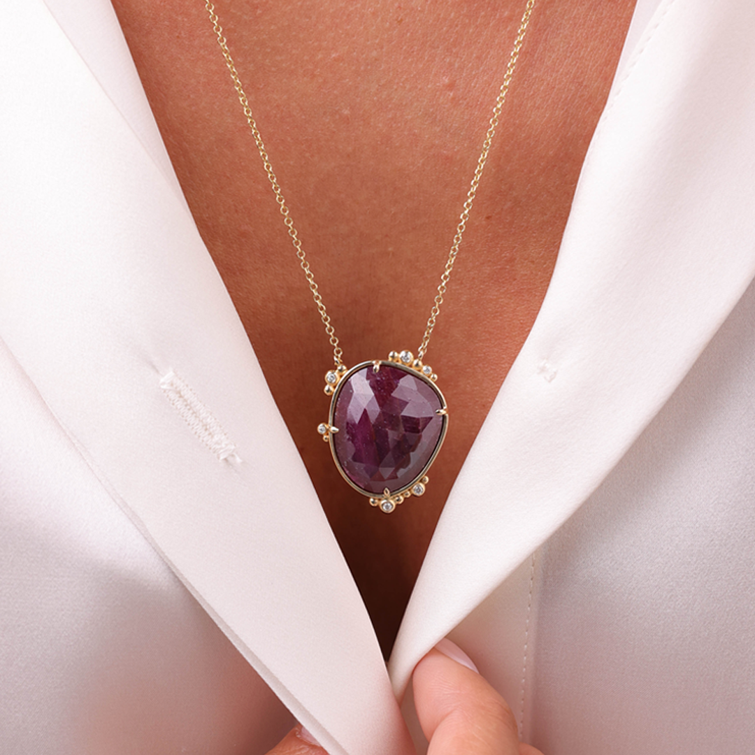 14K Gold Irregular Ruby Necklace  with 6 diamonds