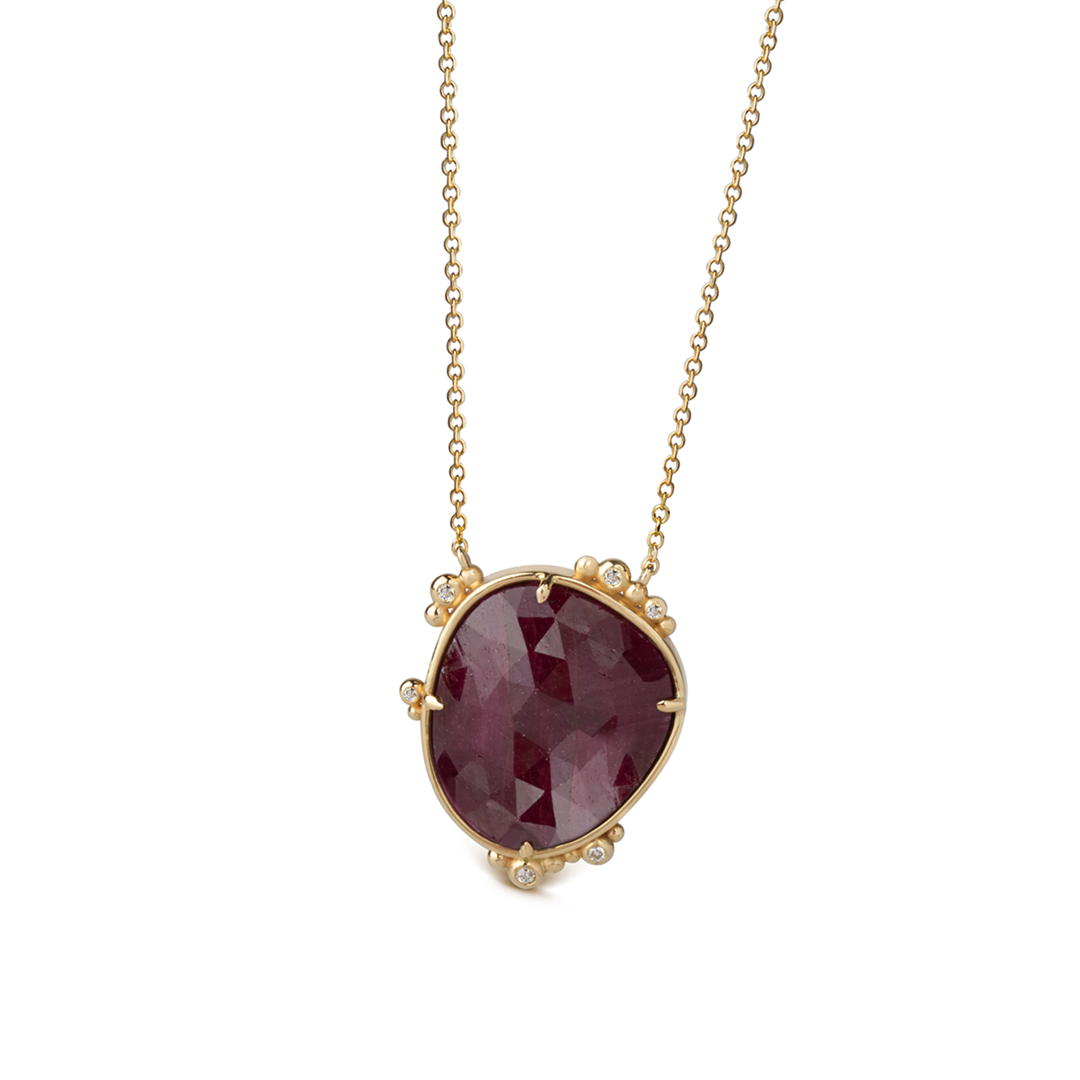14K Gold Irregular Ruby Necklace  with 6 diamonds