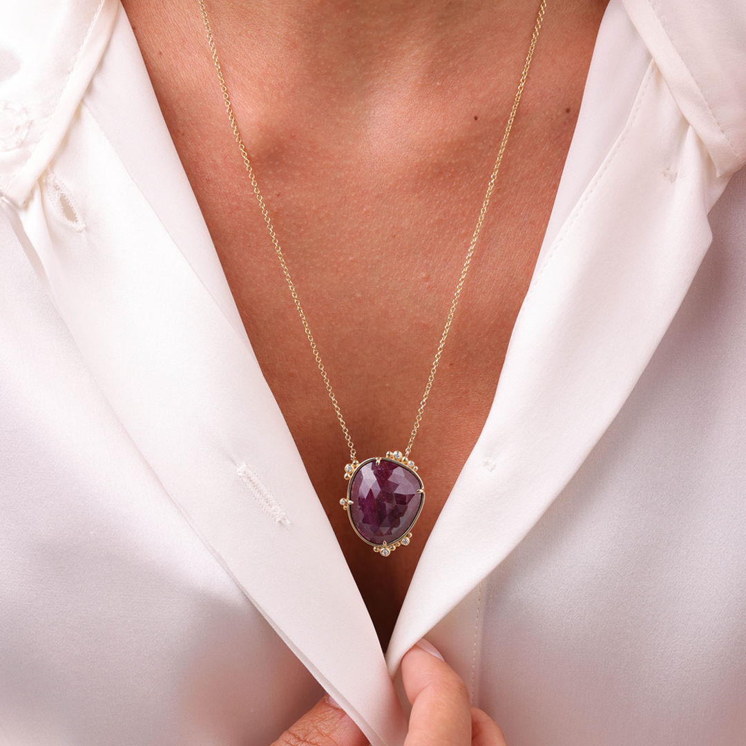 14K Gold Irregular Ruby Necklace  with 6 diamonds