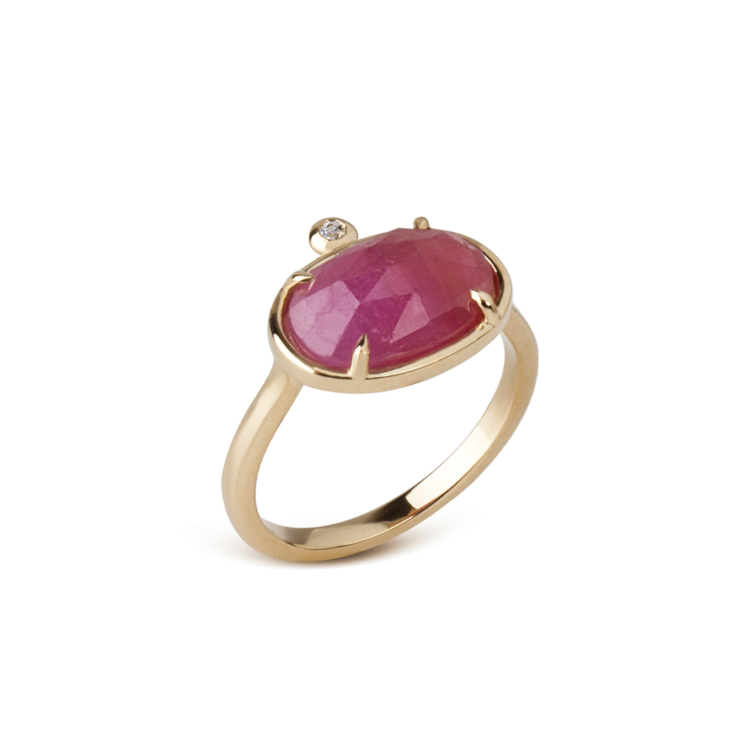 14K Gold Rectangle Rose cut Ruby Ring with a Diamond