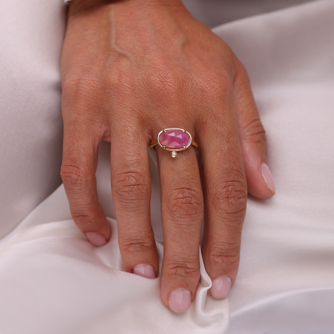 14K Gold Rectangle Rose cut Ruby Ring with a Diamond
