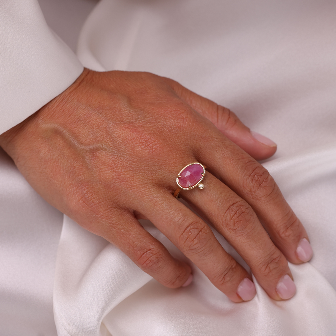 14K Gold Rectangle Rose cut Ruby Ring with a Diamond