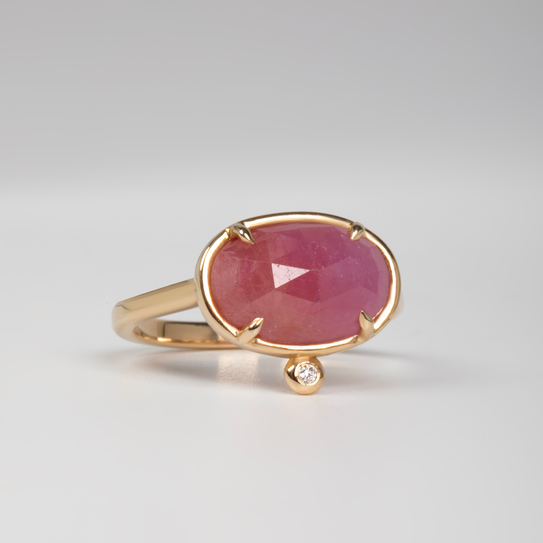 14K Gold Rectangle Rose cut Ruby Ring with a Diamond