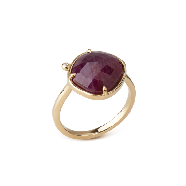 14K Gold Near-round Rose cut Ruby Ring with a Diamond