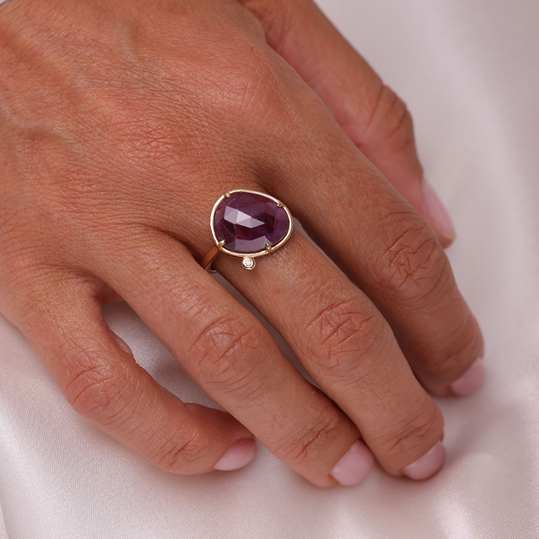 14K Gold Irregular Rose cut Ruby Ring with a Diamond