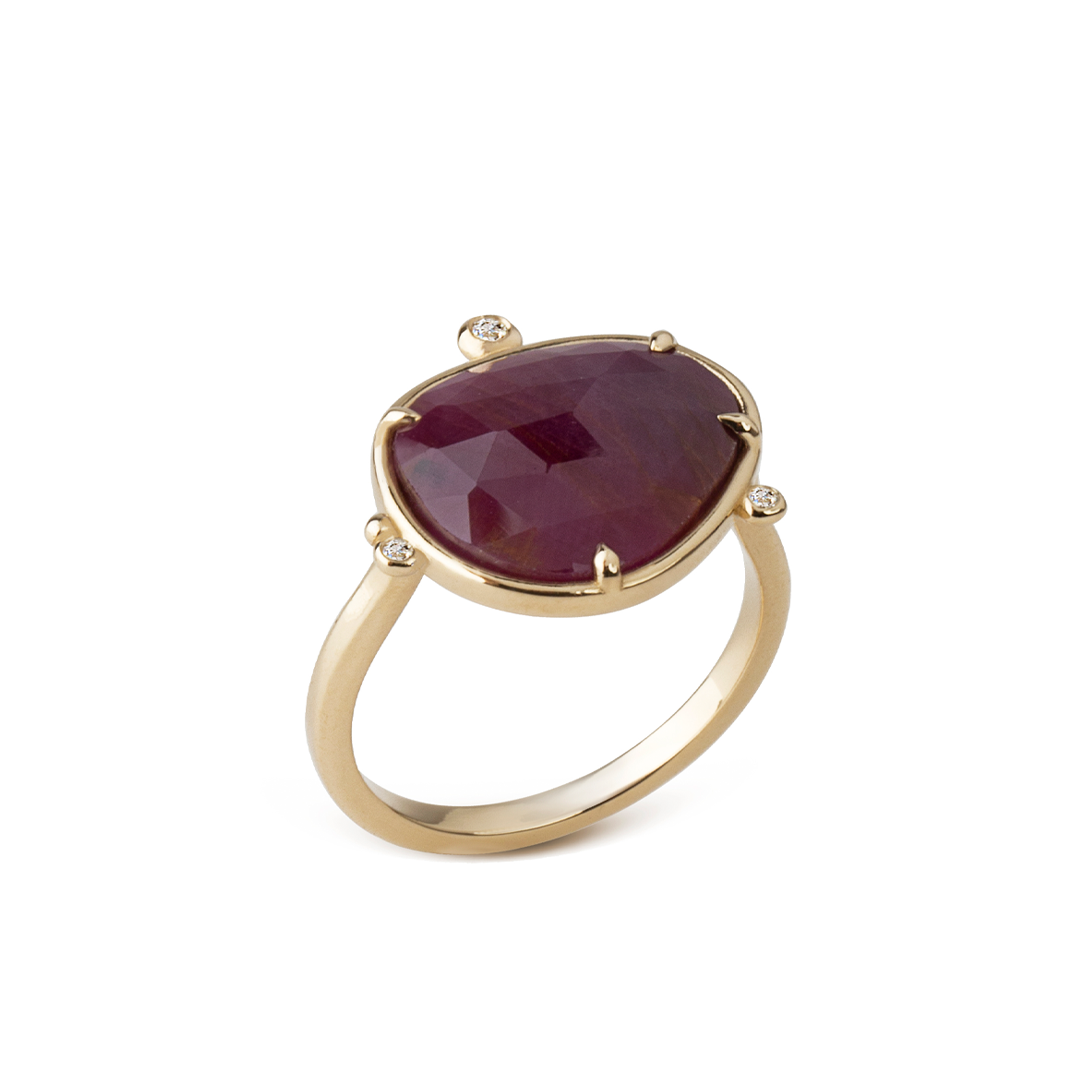 14K Gold Rose cut Ruby Ring with 3 Diamonds