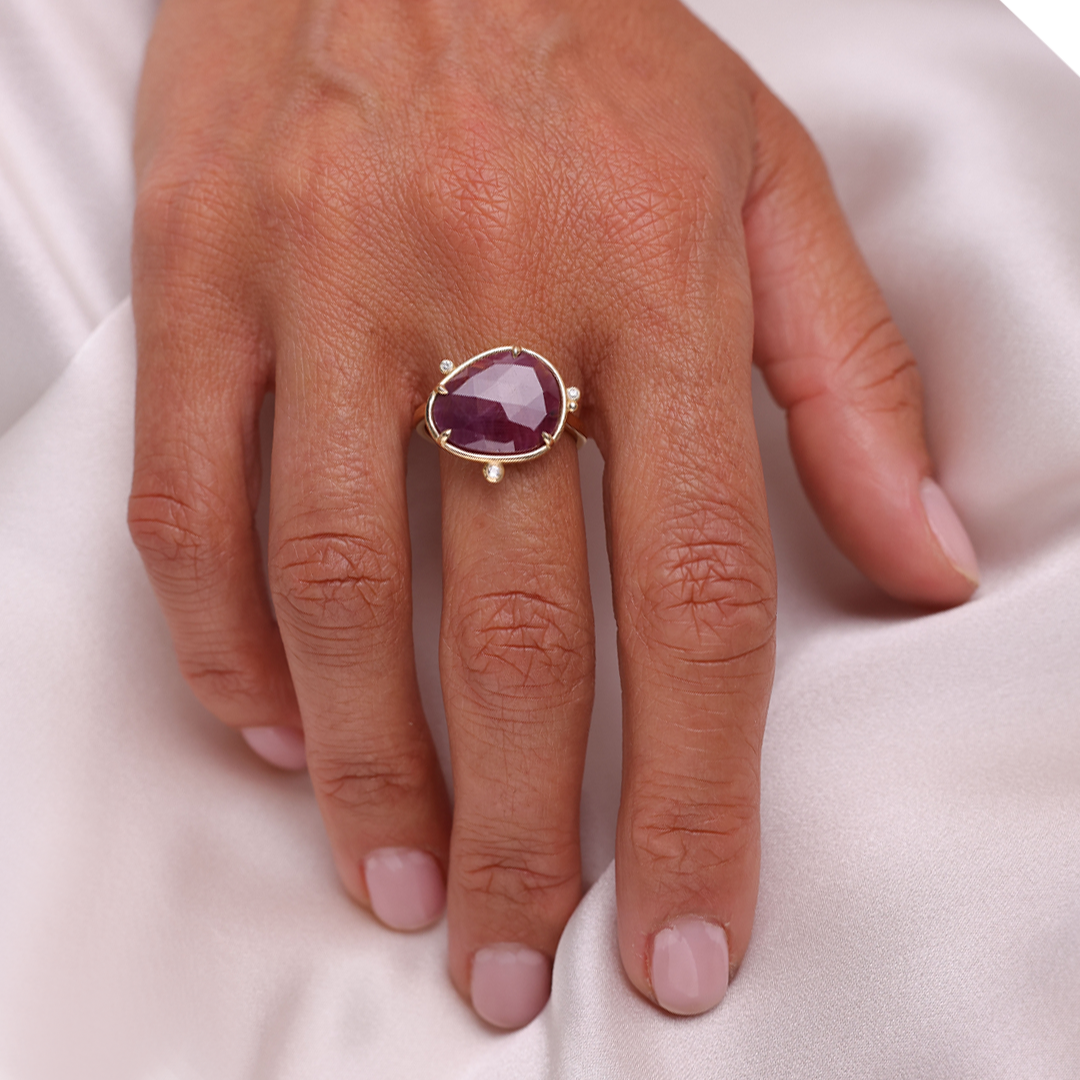 14K Gold Rose cut Ruby Ring with 3 Diamonds