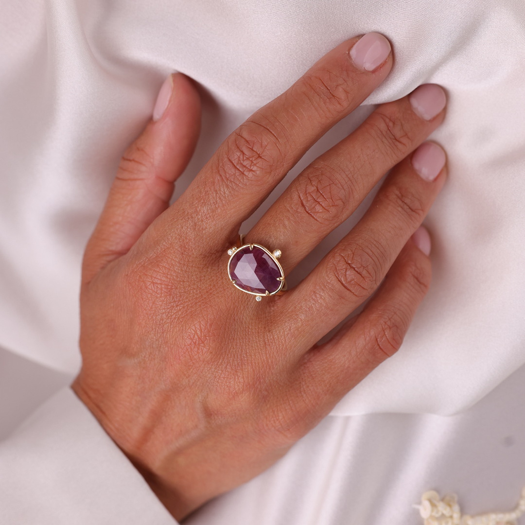 14K Gold Rose cut Ruby Ring with 3 Diamonds