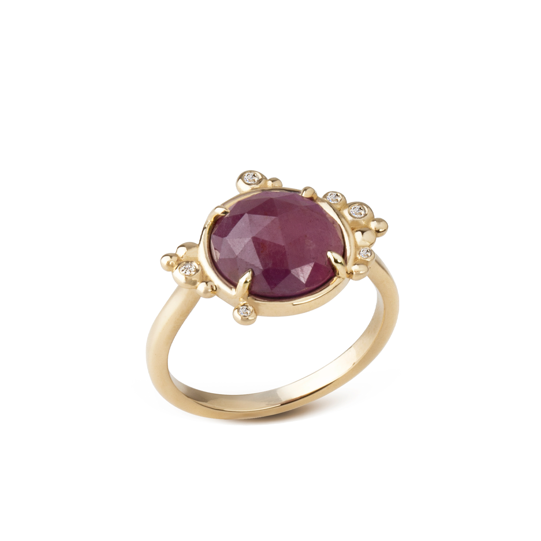 14K Gold Round Rose cut Ruby Ring with 6 Diamonds