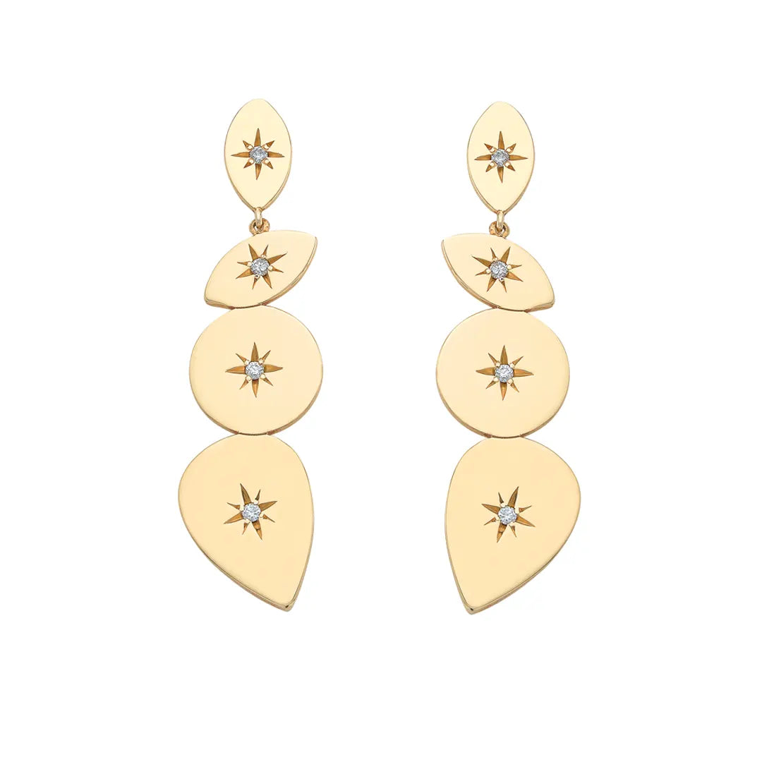 14K Gold Four Element Balance Diamond Star Long Earrings