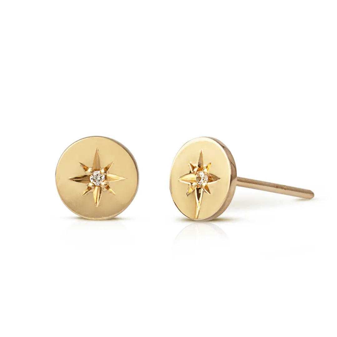 14K Gold Circle Diamond Star Earrings