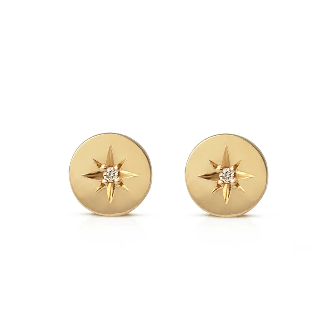 14K Gold Circle Diamond Star Earrings