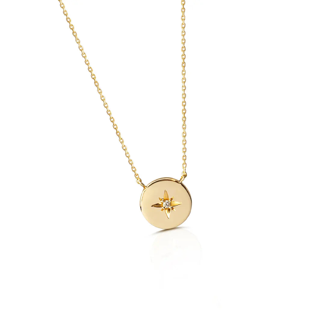 14K Gold Tiny Circle Diamond Star Necklace