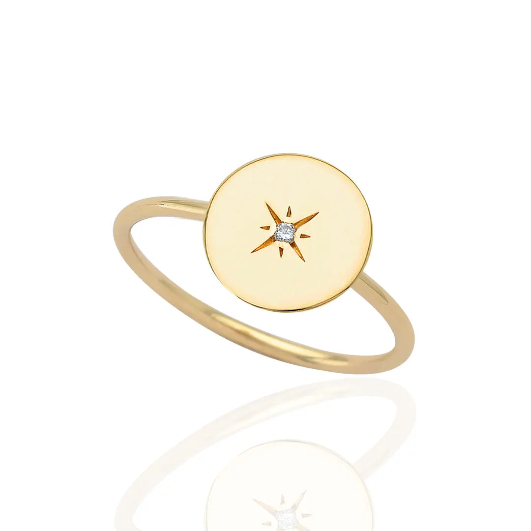 14K Gold Tiny Circle Diamond Star Ring
