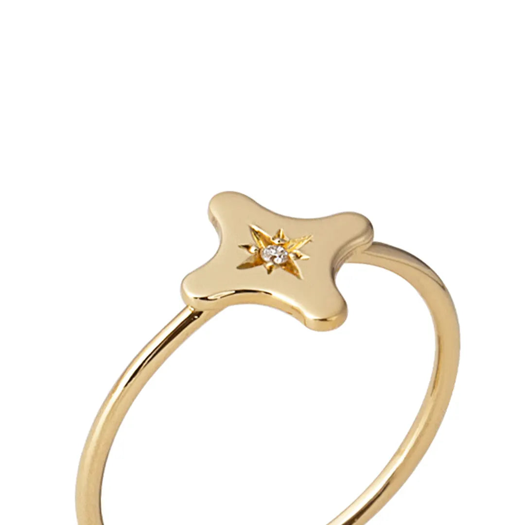 14K Gold Tiny Cross Diamond Star Ring
