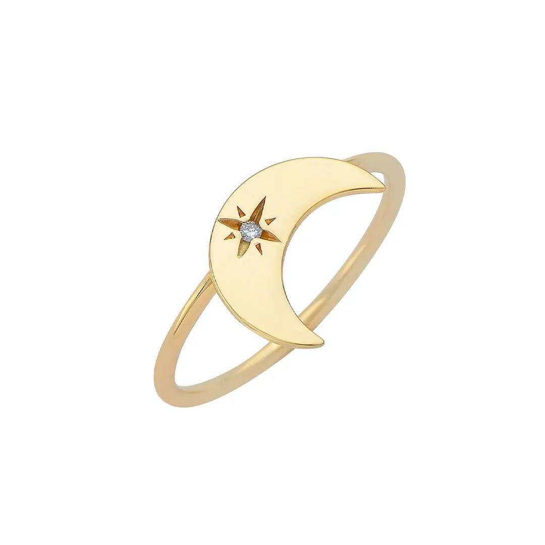 14K Gold Tiny Crescent Moon Diamond Star Ring