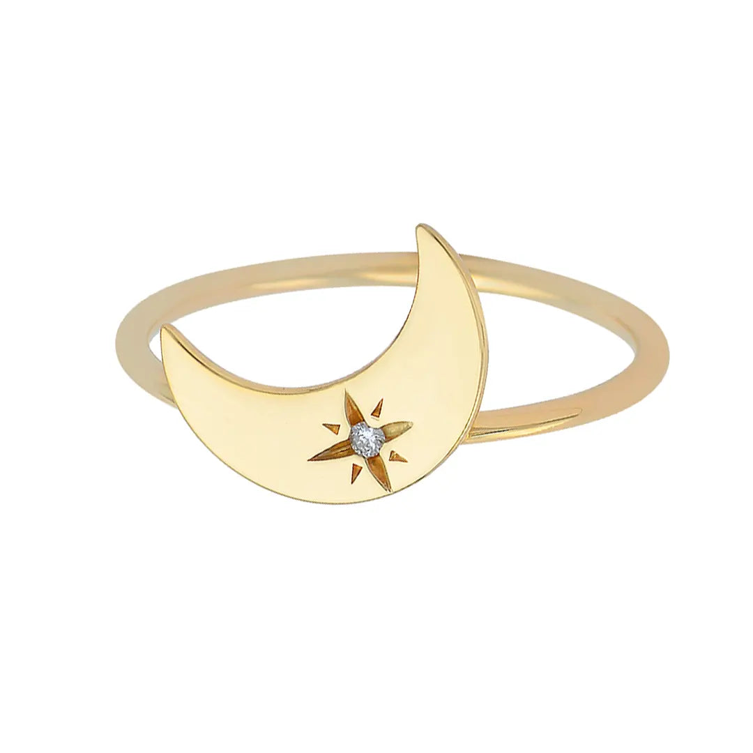 14K Gold Tiny Crescent Moon Diamond Star Ring