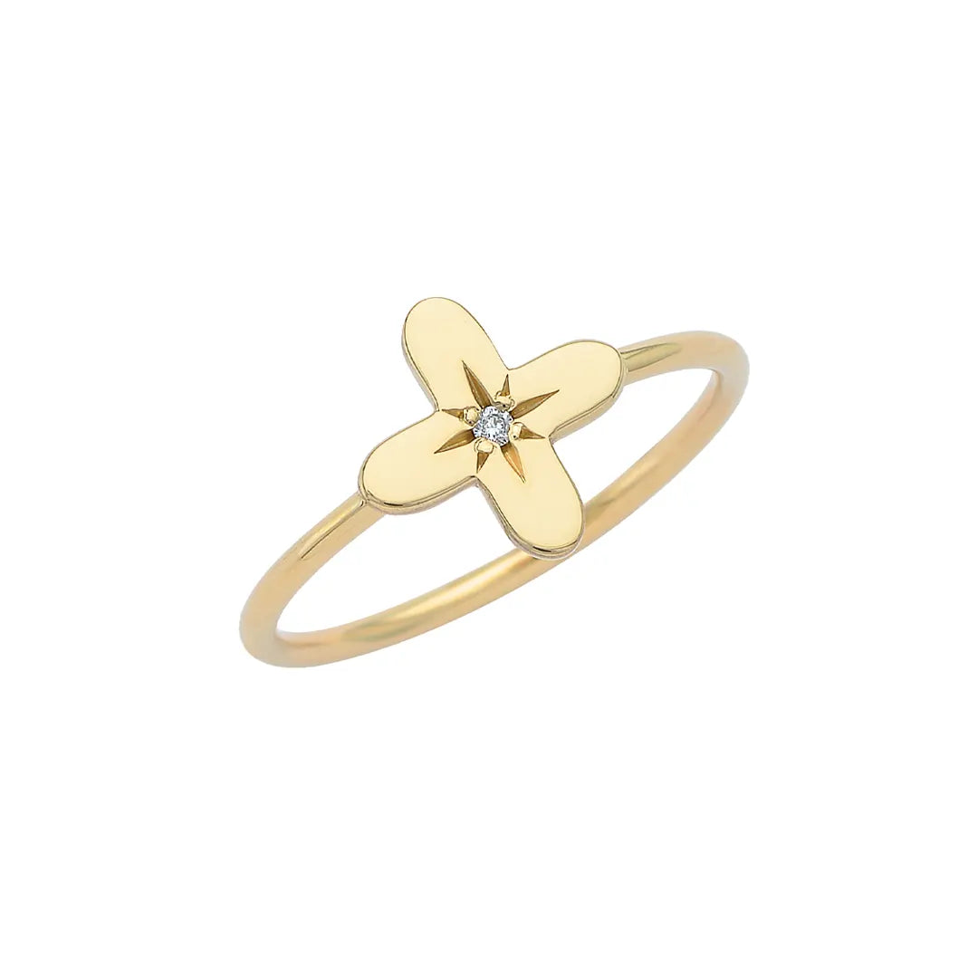 14K Gold Tiny Cross Diamond Star Ring