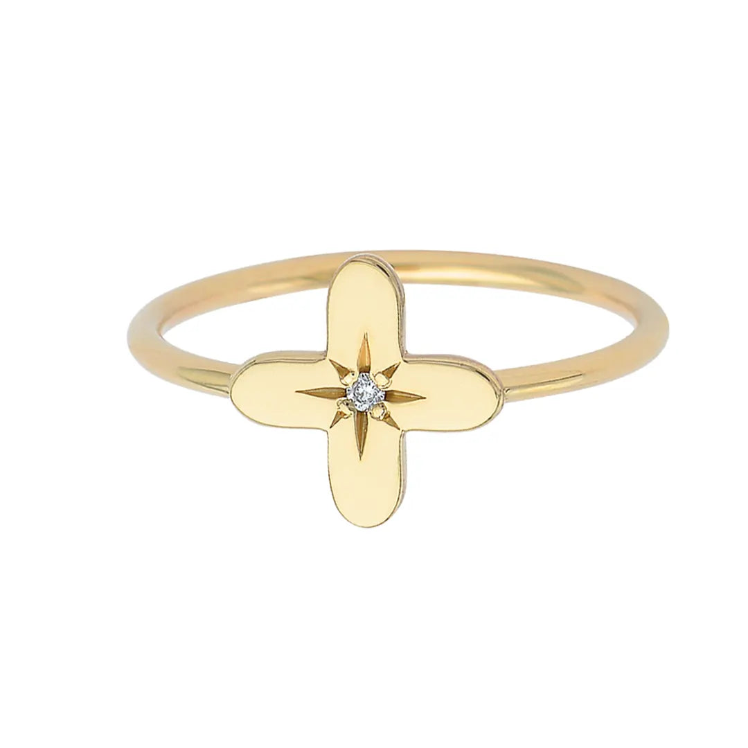 14K Gold Tiny Cross Diamond Star Ring