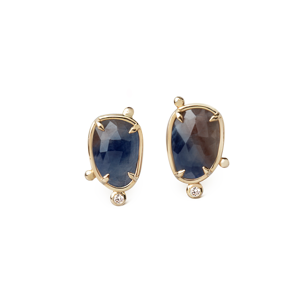 14K Gold Irregular Sapphire Earrings with Diamonds