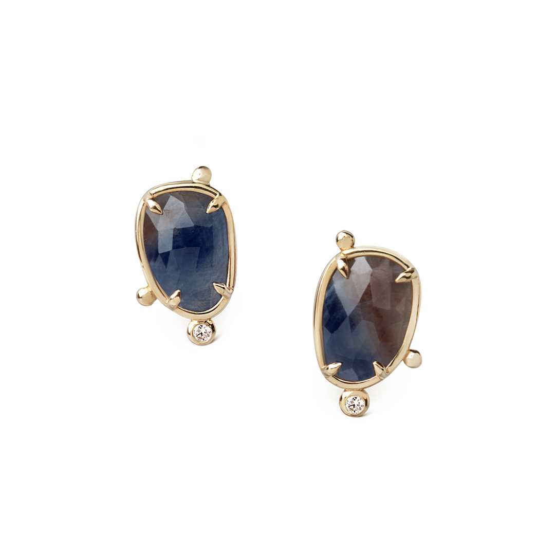 14K Gold Irregular Sapphire Earrings with Diamonds