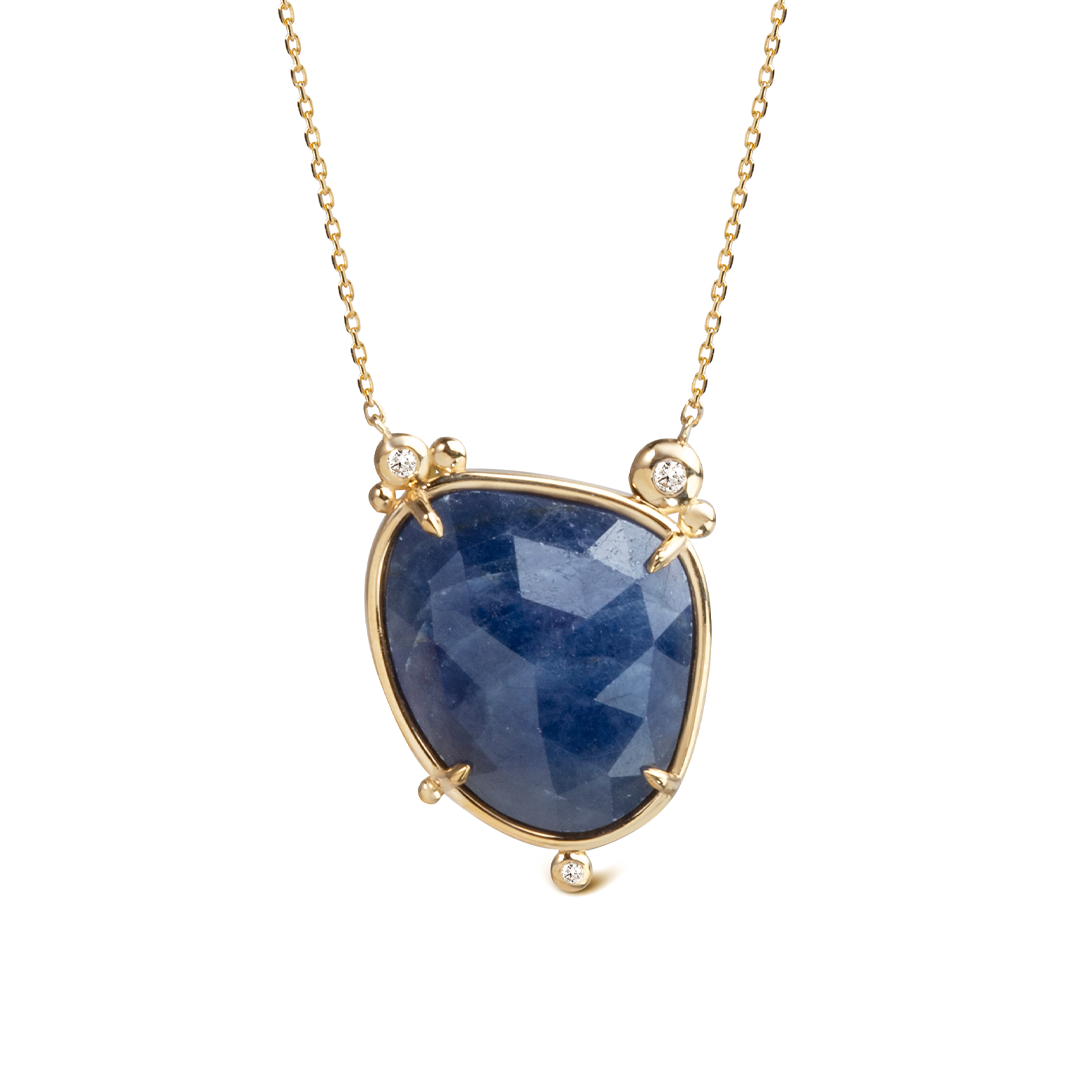 14K Gold Irregular Sapphire Necklace  with  3 diamonds