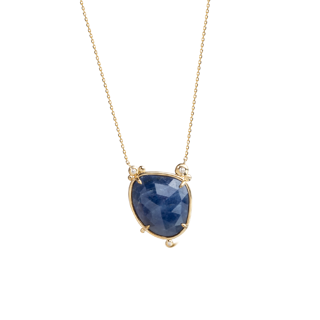 14K Gold Irregular Sapphire Necklace  with  3 diamonds