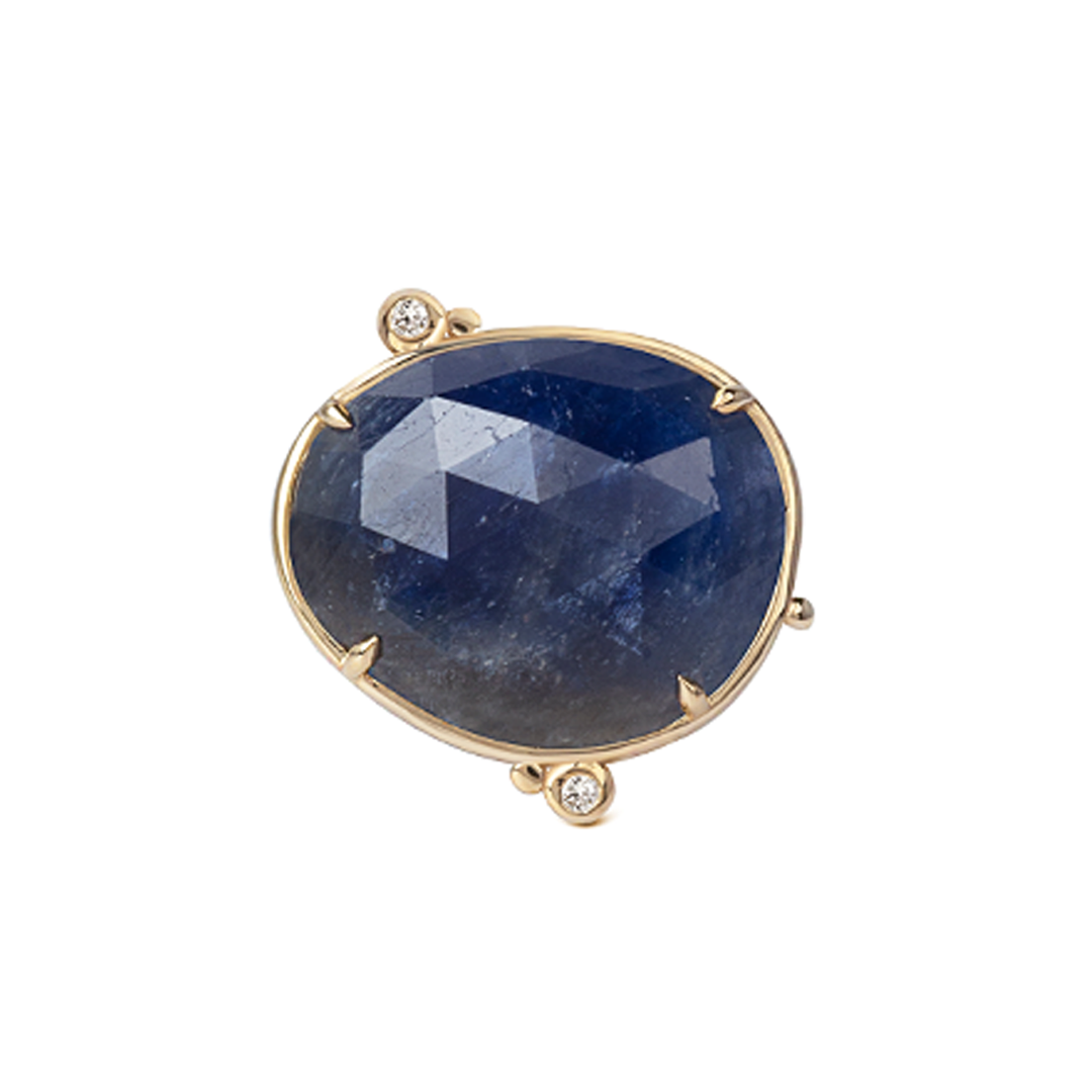 14K Gold Rose Cut Sapphire Ring with 2 Diamonds