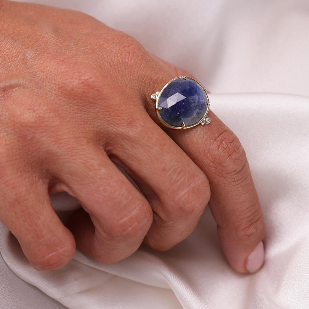 14K Gold Rose Cut Sapphire Ring with 2 Diamonds