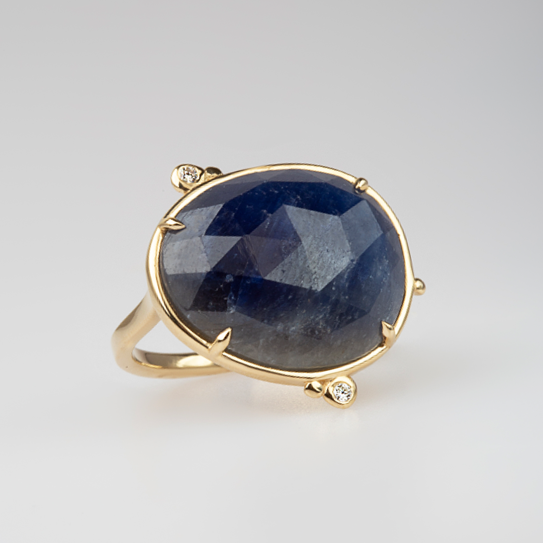 14K Gold Rose Cut Sapphire Ring with 2 Diamonds