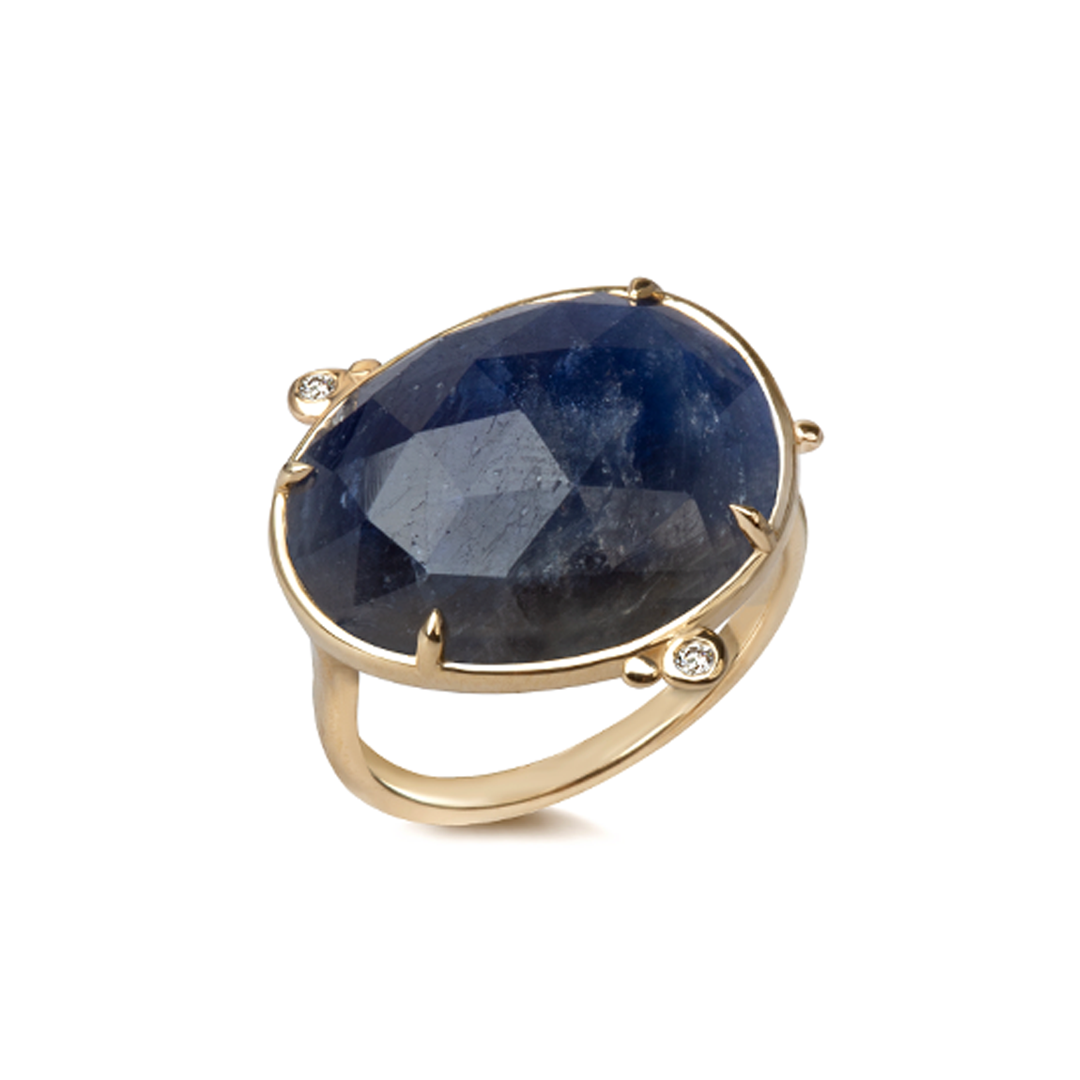 14K Gold Rose Cut Sapphire Ring with 2 Diamonds