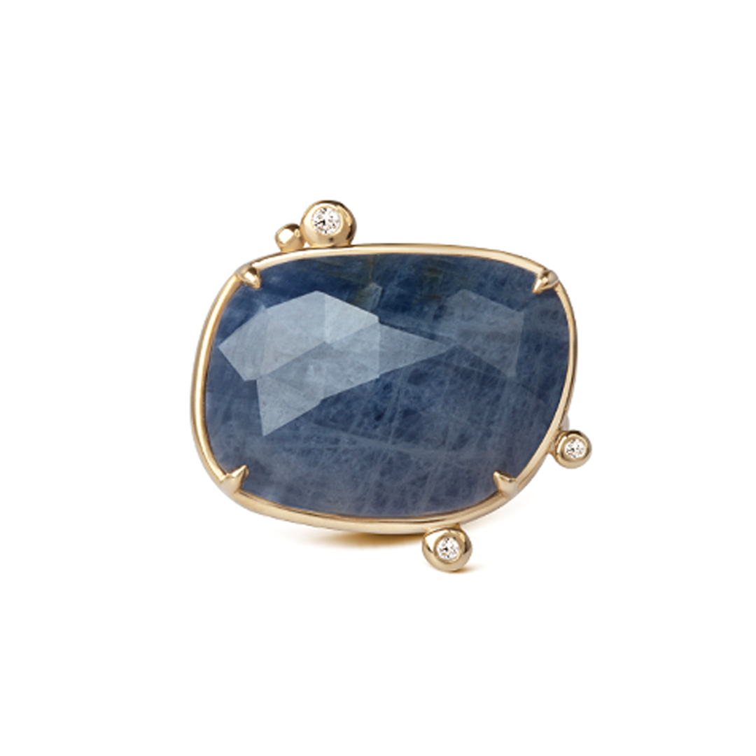 14K Gold Rose Cut Sapphire Ring with 3 Diamonds