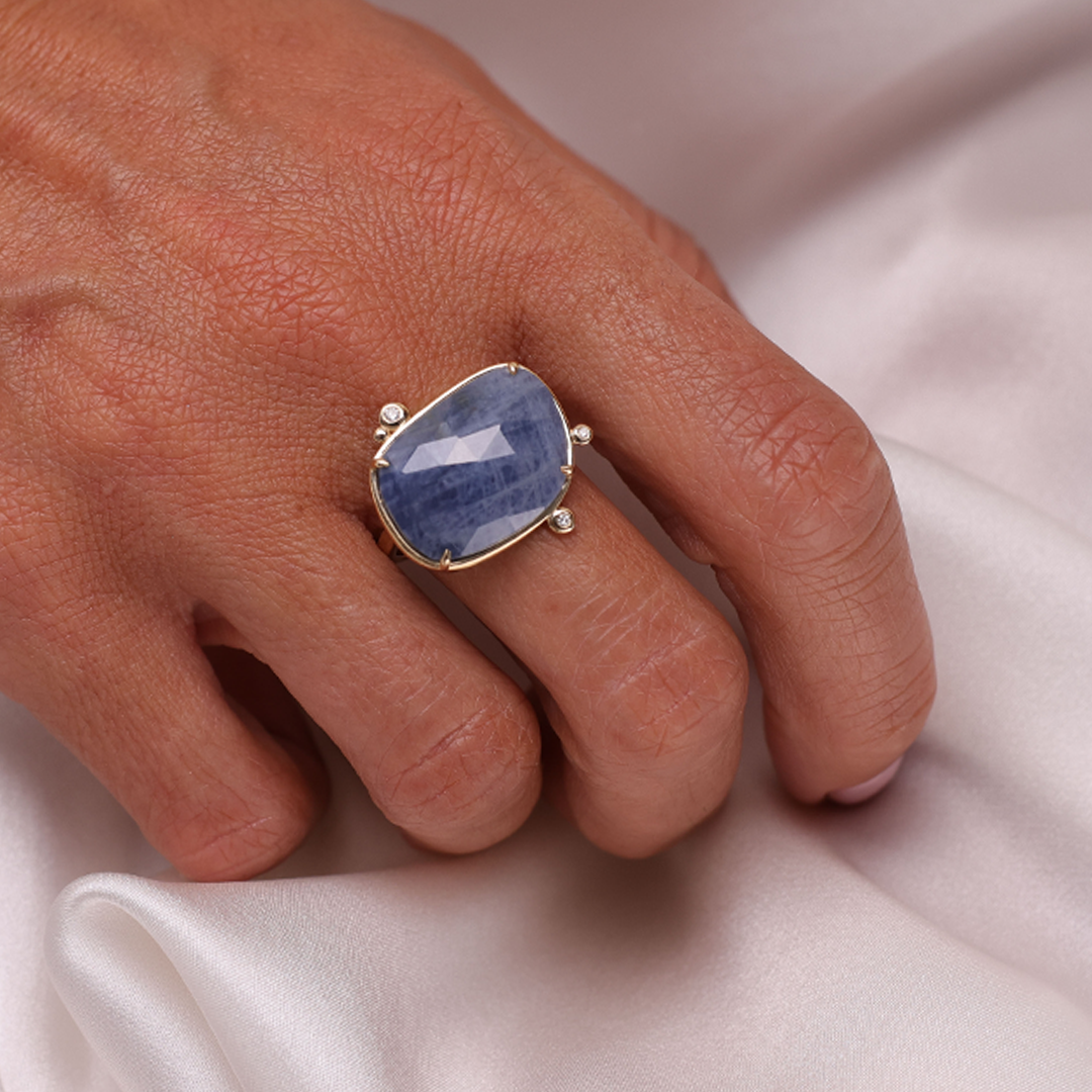 14K Gold Rose Cut Sapphire Ring with 3 Diamonds