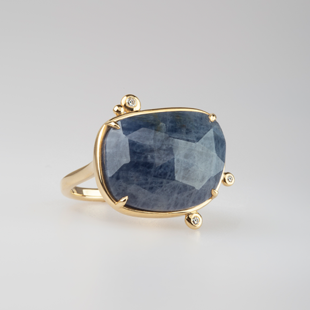 14K Gold Rose Cut Sapphire Ring with 3 Diamonds