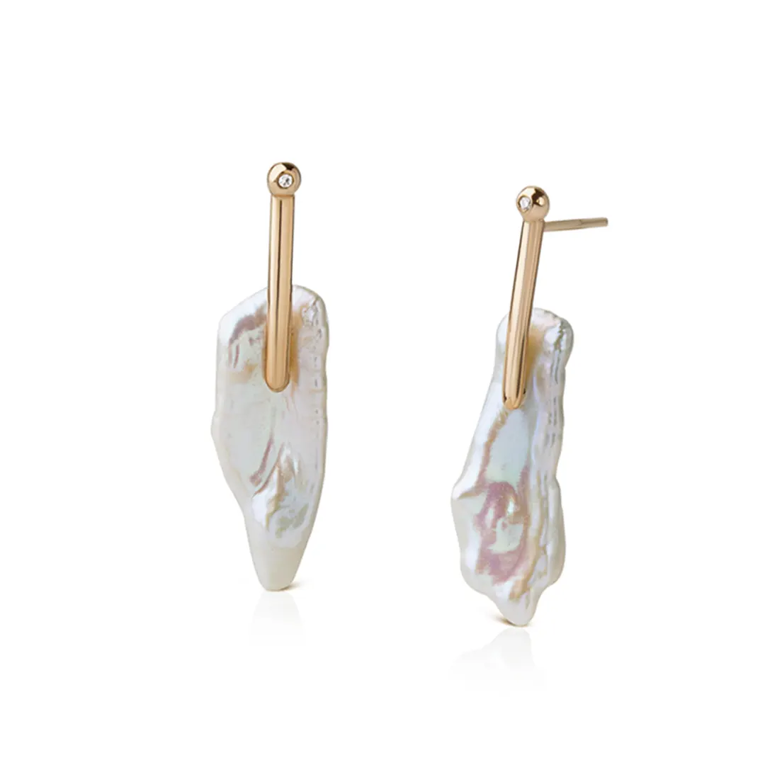 14K Gold Baroque Bar Pearl Earrings