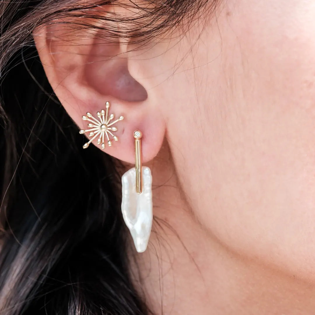 14K Gold Baroque Bar Pearl Earrings