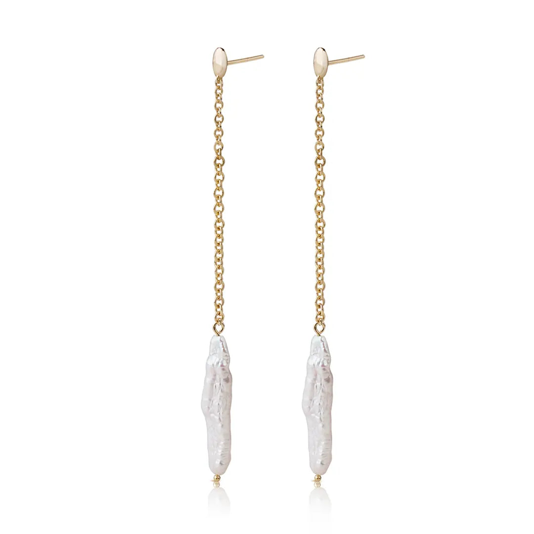 14K Gold long Baroque Pearl chain Earrings
