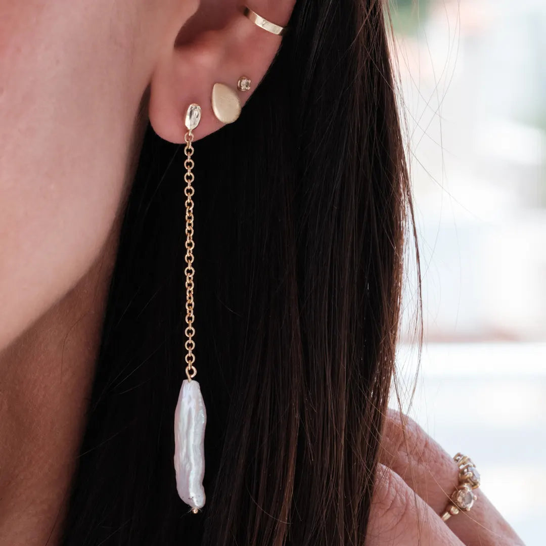 14K Gold long Baroque Pearl chain Earrings