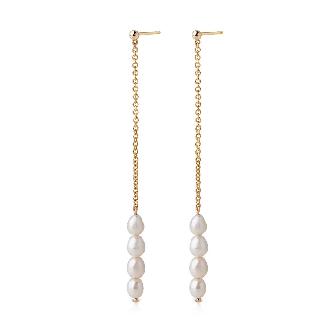 14K Gold 4 Pearls long chain Earrings