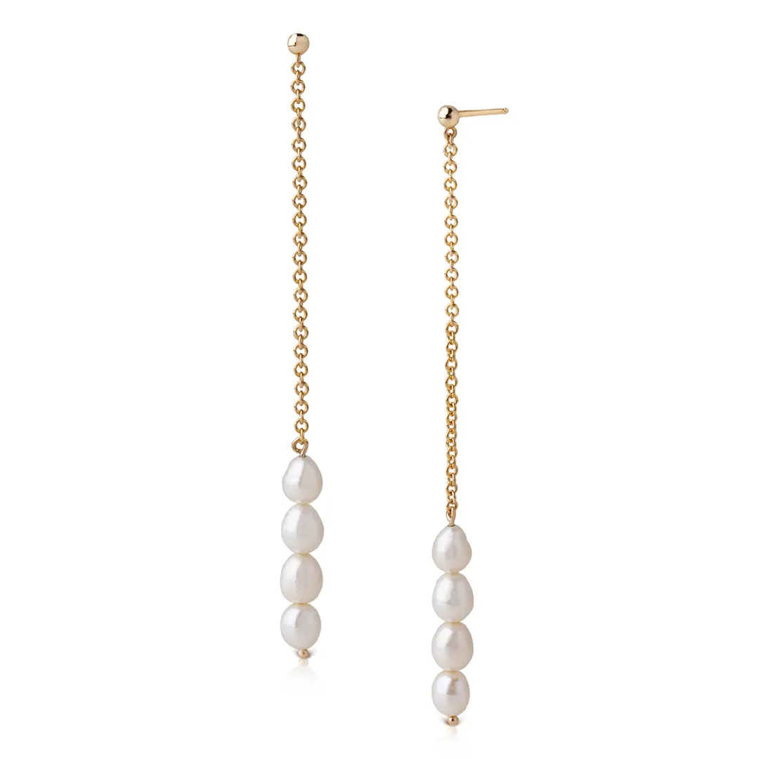 14K Gold 4 Pearls long chain Earrings