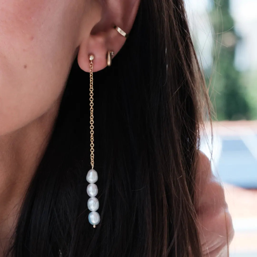 14K Gold 4 Pearls long chain Earrings