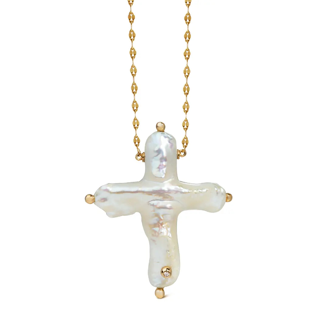 14K Gold, Big Pearl Cross Necklace