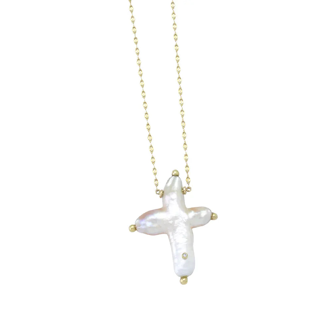 14K Gold, Big Pearl Cross Necklace